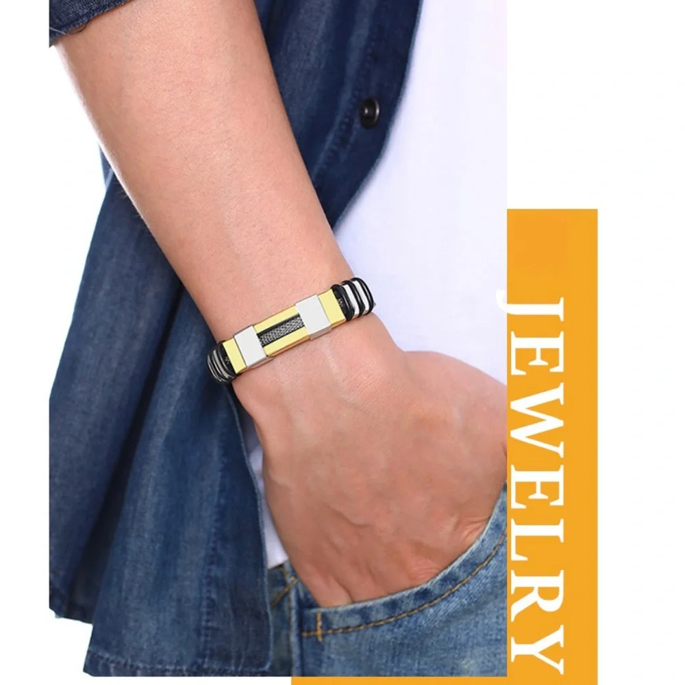 Water resistant Groove Wrap Men Metal Poly Stainless Steel Duo Bracelet